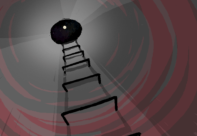 Sagittarius twinkles at the top of a long cylindrical opening, the rungs of a broken ladder leading to its top.