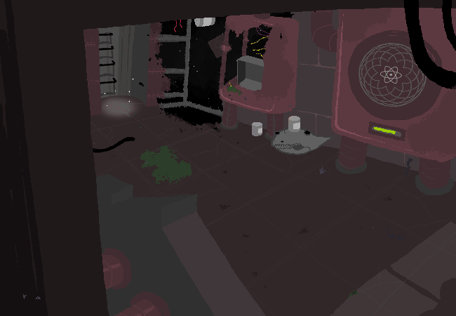 The previous opening apparently leads to some control center. A corner of the room has been blasted apart, leaving a large debris-filled opening. A leg of Centarus is visible through it. Dried-up green and red blood stain some of the floor. On the other side of the room, an indiscernible dark figure stands in front of a fourfold glowing display.
