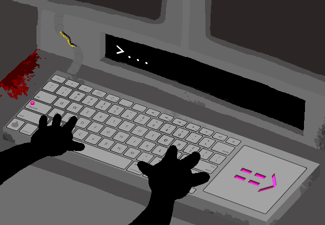 The dark figure's stubby, four-fingered hands loom over a derelict Macintosh-like keyboard, relatively normal spare for a large, neon pink '==>' button on its right. Caps lock is turned on. Dried red blood stains the tabletop. In front, a simple text display, like that of a calculator and underneath the  four monitors, displays the text '> . . .' with a blinking underscore cursor.