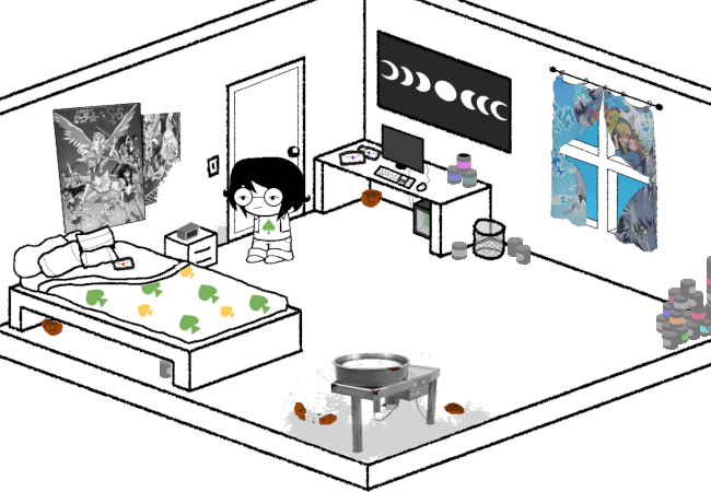 This is a wideshot of Cain's room, with a mess of nonsense inside it. Cain stands near the door, facing their bed, which has yellow and green spades dotting the blanket, and several flumpy pillows at its head. Ahead of Cain, there is a pottery wheel, with some dried and broken clay and pottery scatterd around it. To the right, there is a technicolour pile of cans, presumably canned food. Behind Cain is their computer, with its monitor currently turned off. There are a few posters in the room, one of Sailor Moon, Kakegurui, and a larger one depicting the phases of the moon. A window is on the right-side wall, showing blue skies outside. The window is draped by some sort of Digimon-themed curtain of questionable taste. A few letters scatter the room, with practically ironic wax holding them closed.