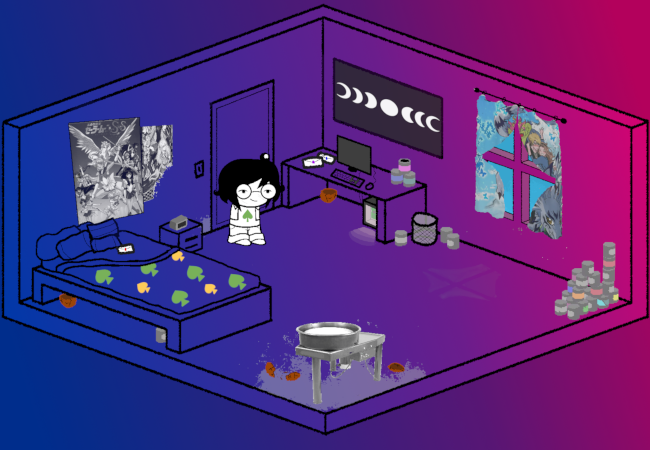 Another wideshot of Cain's room. Cain stands smugly by the door as their bedroom is bathed in bisexual lighting. Aesthetically, the lighting almost makes up for the ridiculous decor still scattered everywhere, the shotgun blast of dubious Japanese media on the walls and garbage on the floor still leaving their mark.