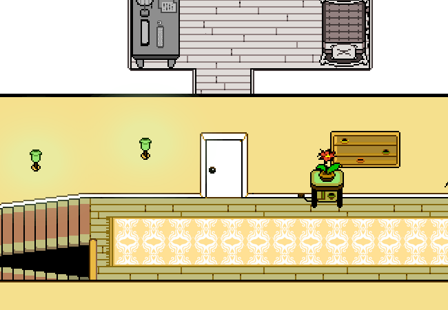 Cain stands outside their bedroom, along a warmly-decorated hallway, with prominent yellow and some green highlights. Greenish lighting from floral lighting fixtures leads towards a staircase to their right. To their left, there is a red-yellow flower on a drawer, and a display case with various pottery inside. Along the hallway is a rug with a repetitive reflection and translation of the symbol of Hope. It just so happens that reflecting it across itself makes cute, white hearts across its mirroring! All of this contrasts a lot with the monochrome of Cain's room, still visible through the birds-eye view of this shot. Oh, and the entire scene looks like the outside of Frisk's room in Undertale. Your mind races at the thought of cringefully merging across two Toby Fox projects at once, the likes of which have never been seen outside of the Deviantart pages of 12 year old girls.